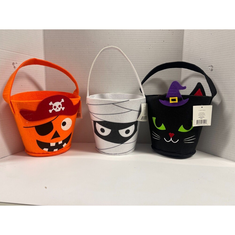 Halloween 7 InchFelt Treat Buckets 3 Designs, Mummy, Pirate Pumpkin, Witchy Cat